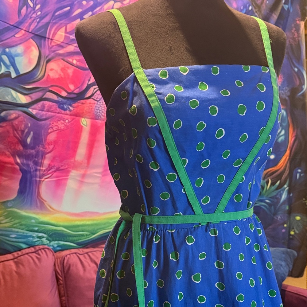 Vintage cotton sun dress Jenni Blue with Green Polka Dot Dress with belt M retro